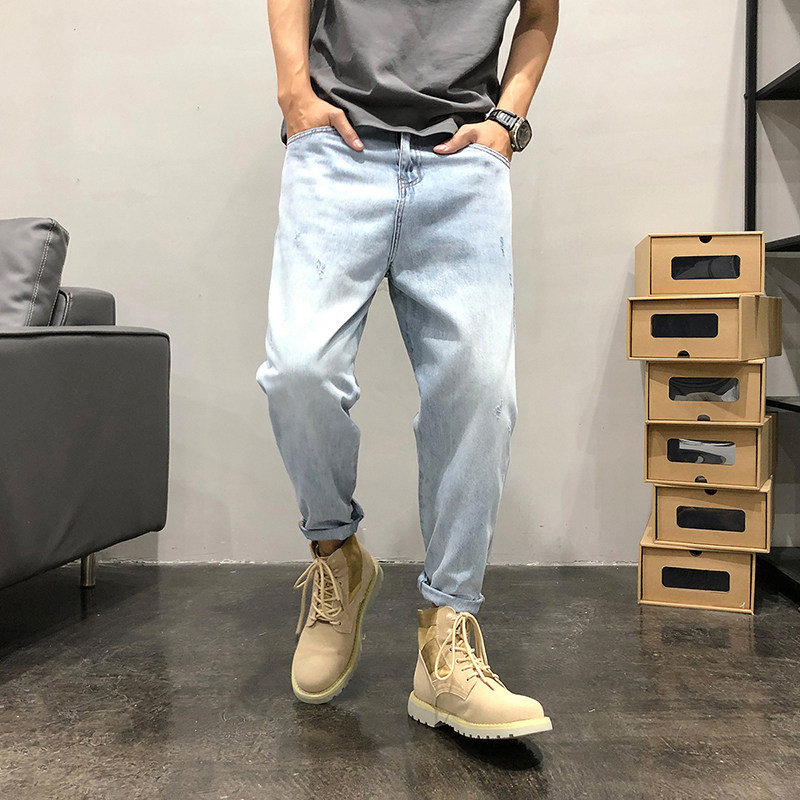 2022 Autumn new American trendy brand workwear jeans for men, loose blue and white light-colored casual Harun 9-inch pants Application Scenario